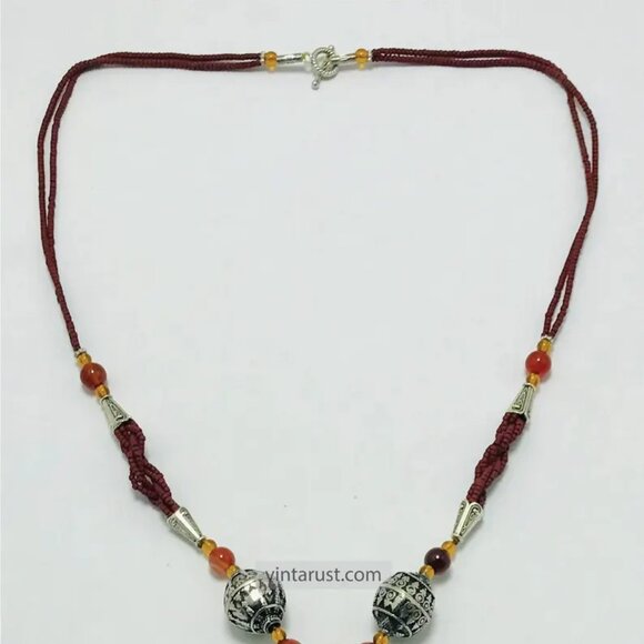 Vintage Style Tassel Necklace with Ornate Metal Beads, Statement Tribal Pendant - Picture 9 of 13